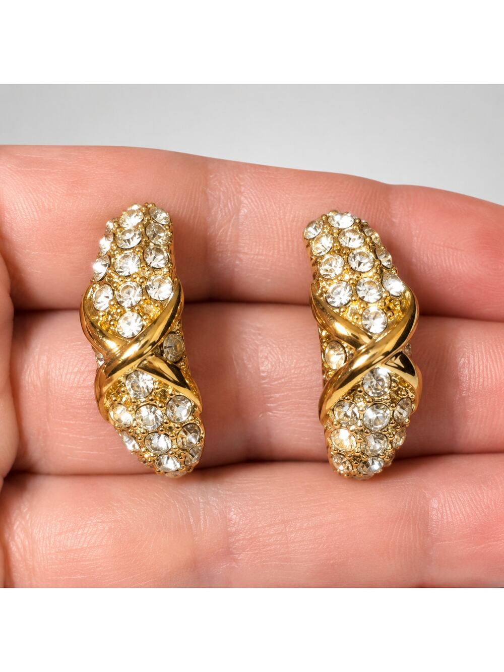 Rhinestone Pierced Earrings Gold-tone Crescents 1" Sparkly Vintage GP-86